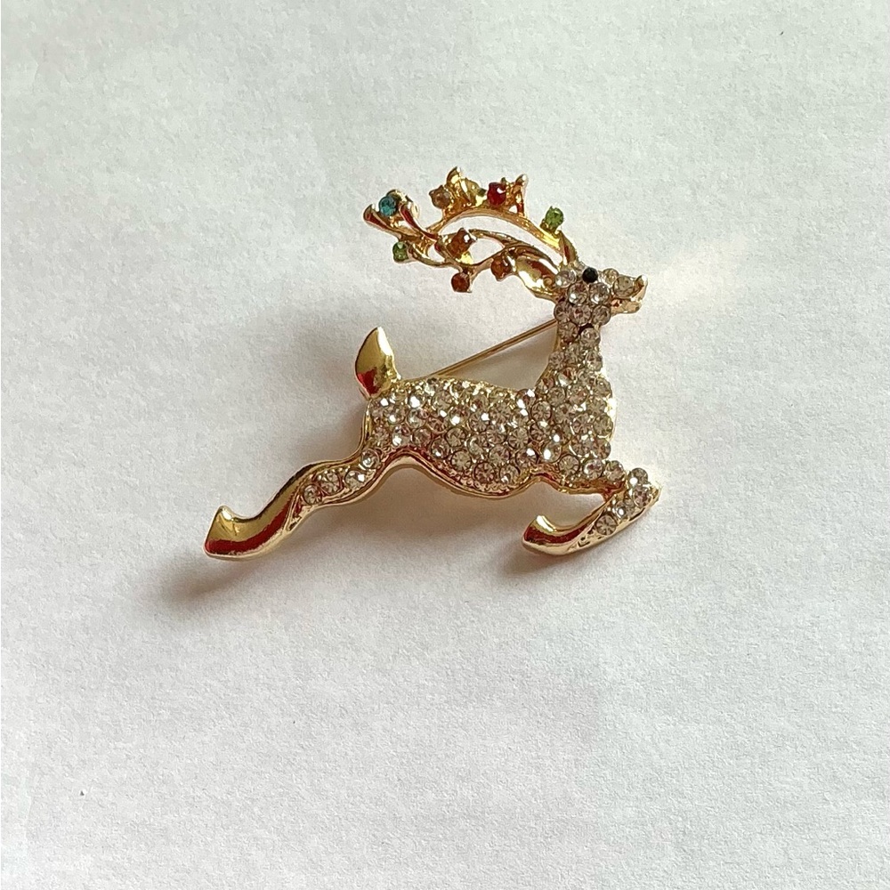 (3 for 20.00)New Gold Reindeer Brooch with Rhinestones